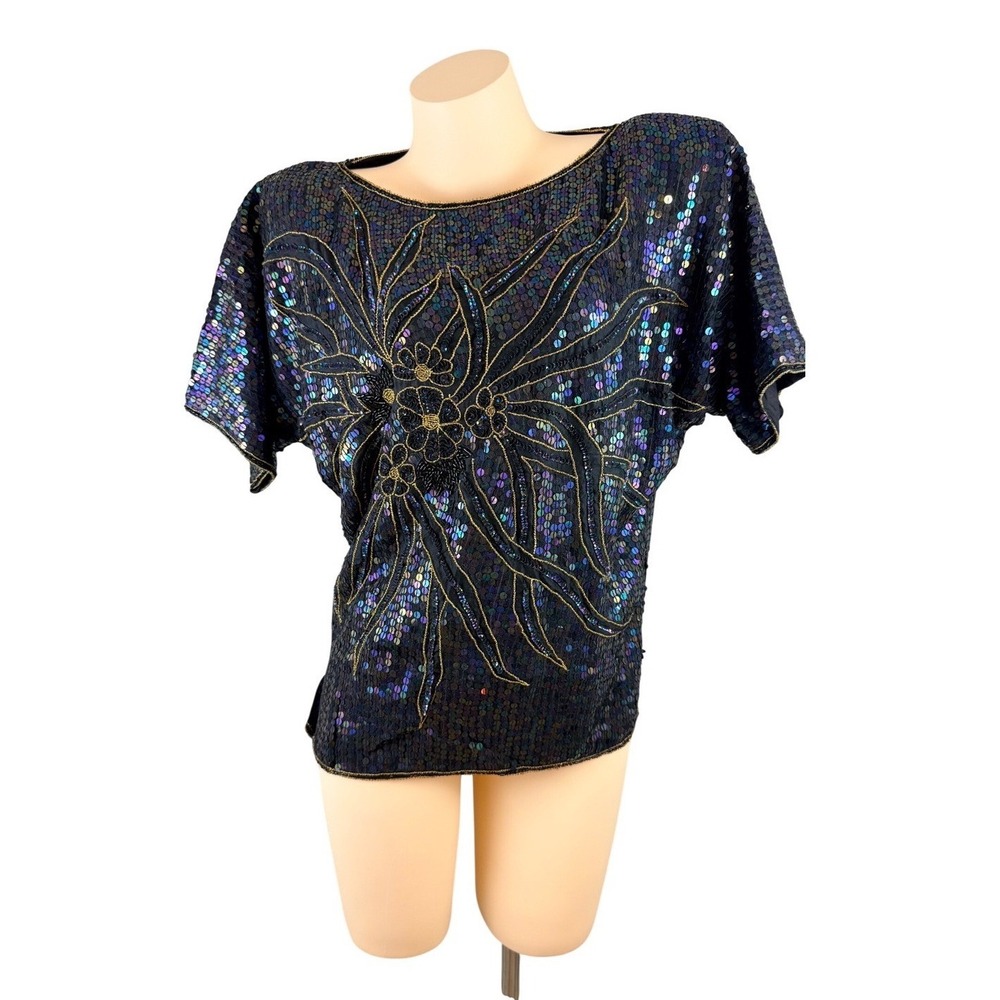 Vintage Iridescent Sequin Beaded Silk Top Black Gold Floral Short Sleeve Blouse